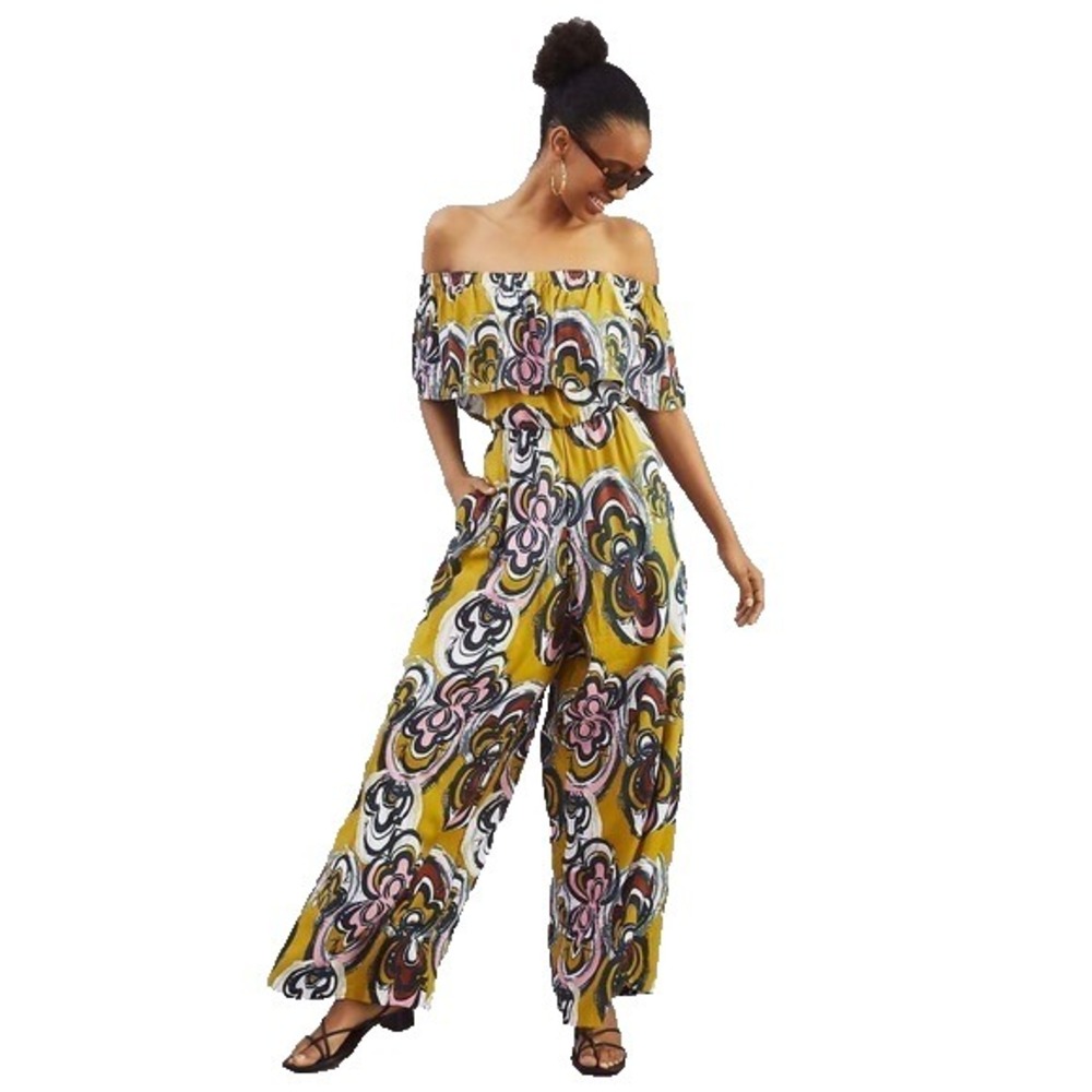 Bel Kazan Wide Leg Jumpsuit Womens Sz L‎ Multicolor Off Shoulder Pockets